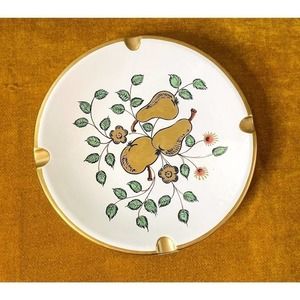Mcm Ceramic Ashtray Large Hand-painted White Gold Pears Floral Italy Vintage